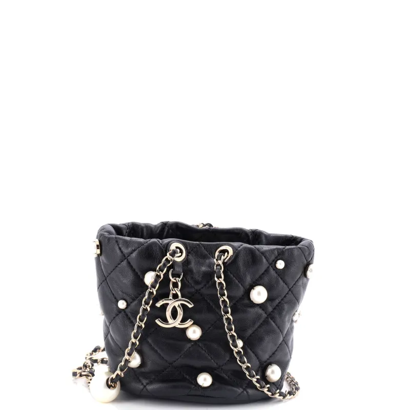 Pre-Loved Chanel Drawstring Round Bucket Bag Pearl Embellished Quilted Lambskin Mini sold by Zulily