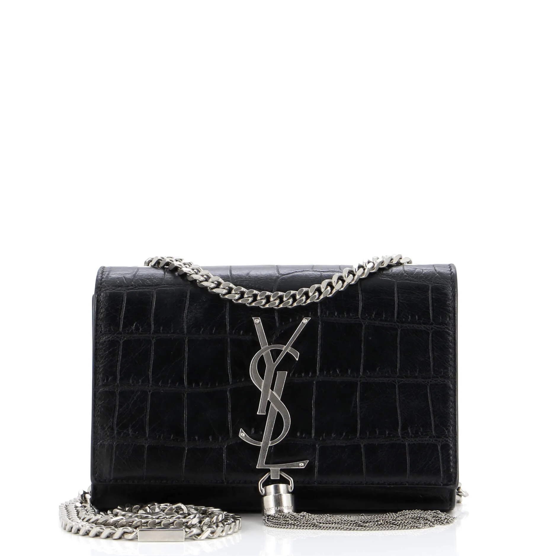 Pre-Loved Saint Laurent Classic Monogram Tassel Crossbody Bag Crocodile Embossed Leather Small sold by Zulily