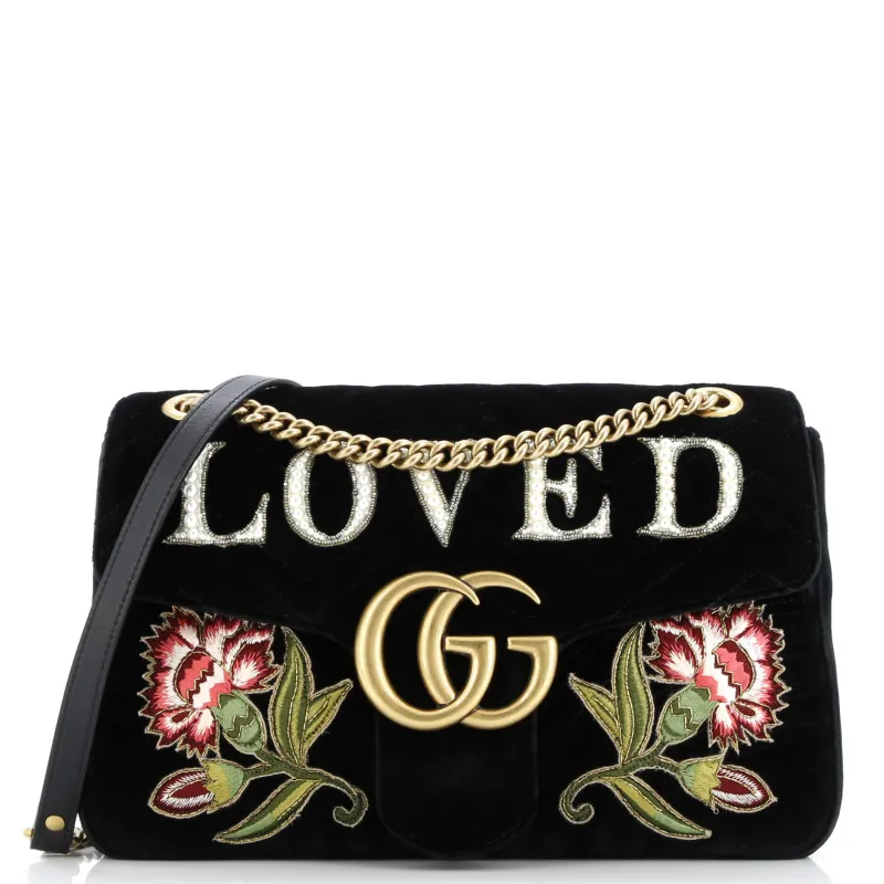 Pre-Loved Gucci GG Marmont Flap Bag Embroidered Matelasse Velvet Medium sold by Zulily