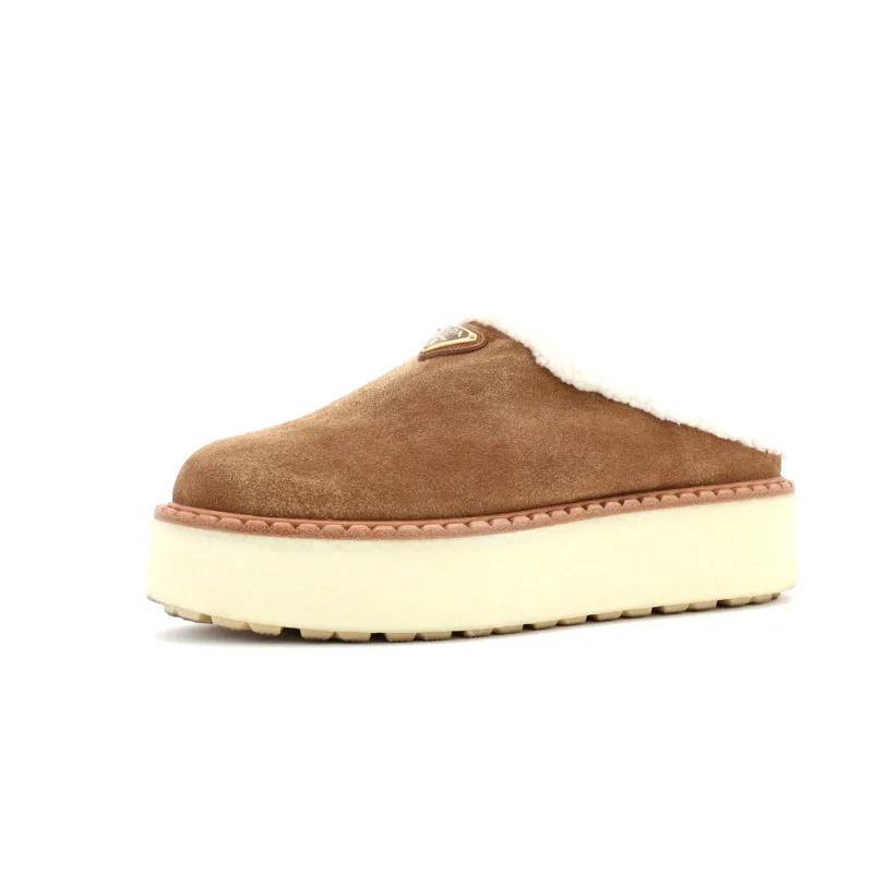 Pre-Loved Prada Women's Triangle Logo Platform Mules Suede with Shearling sold by Zulily