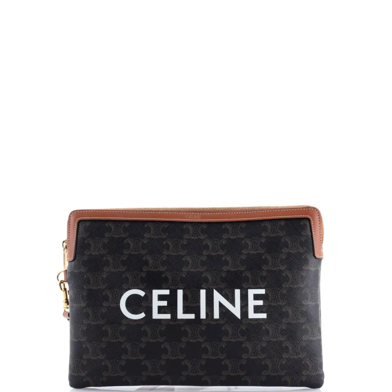 Pre-Loved Celine Logo Zip Wristlet Pouch Triomphe Coated Canvas Small made by Celine