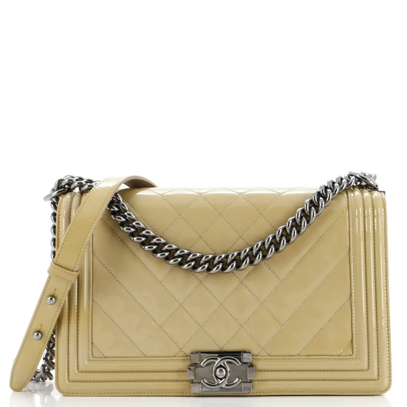 Pre-Loved Chanel Boy Flap Bag Chevron Patent New Medium sold by Zulily