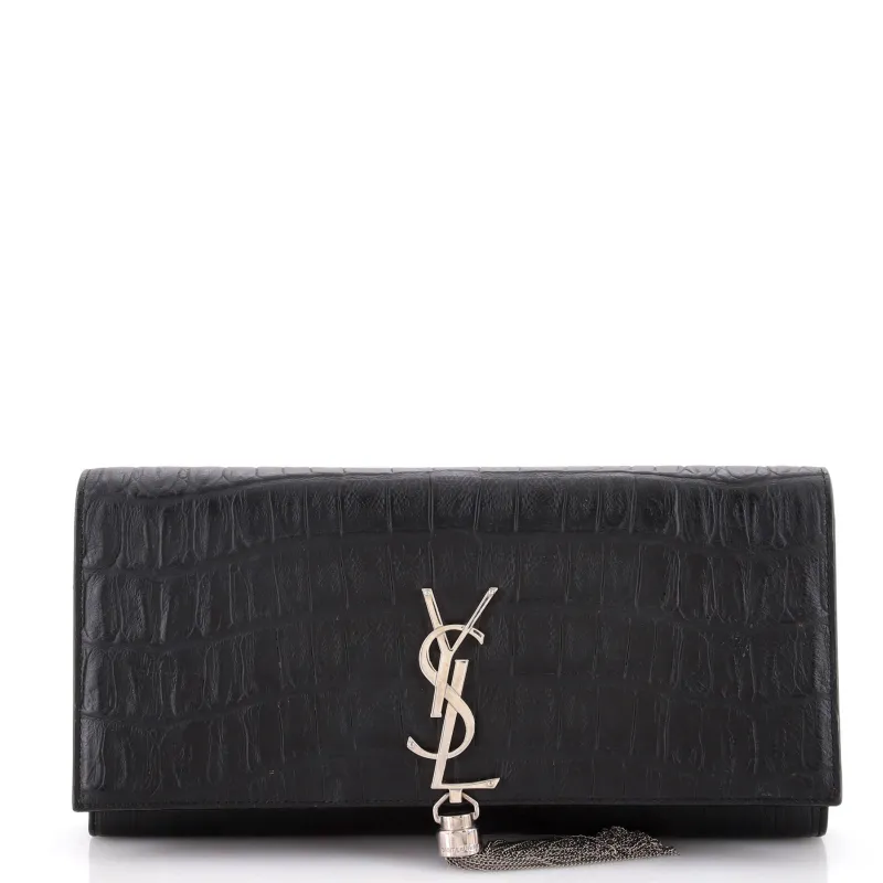 Pre-Loved Saint Laurent Classic Monogram Tassel Clutch Crocodile Embossed Leather Long sold by Zulily