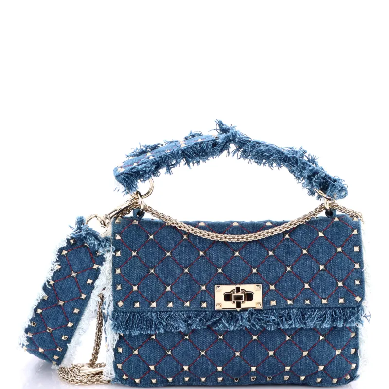 Pre-Loved Valentino Rockstud Spike Flap Bag Quilted Denim Medium sold by Zulily