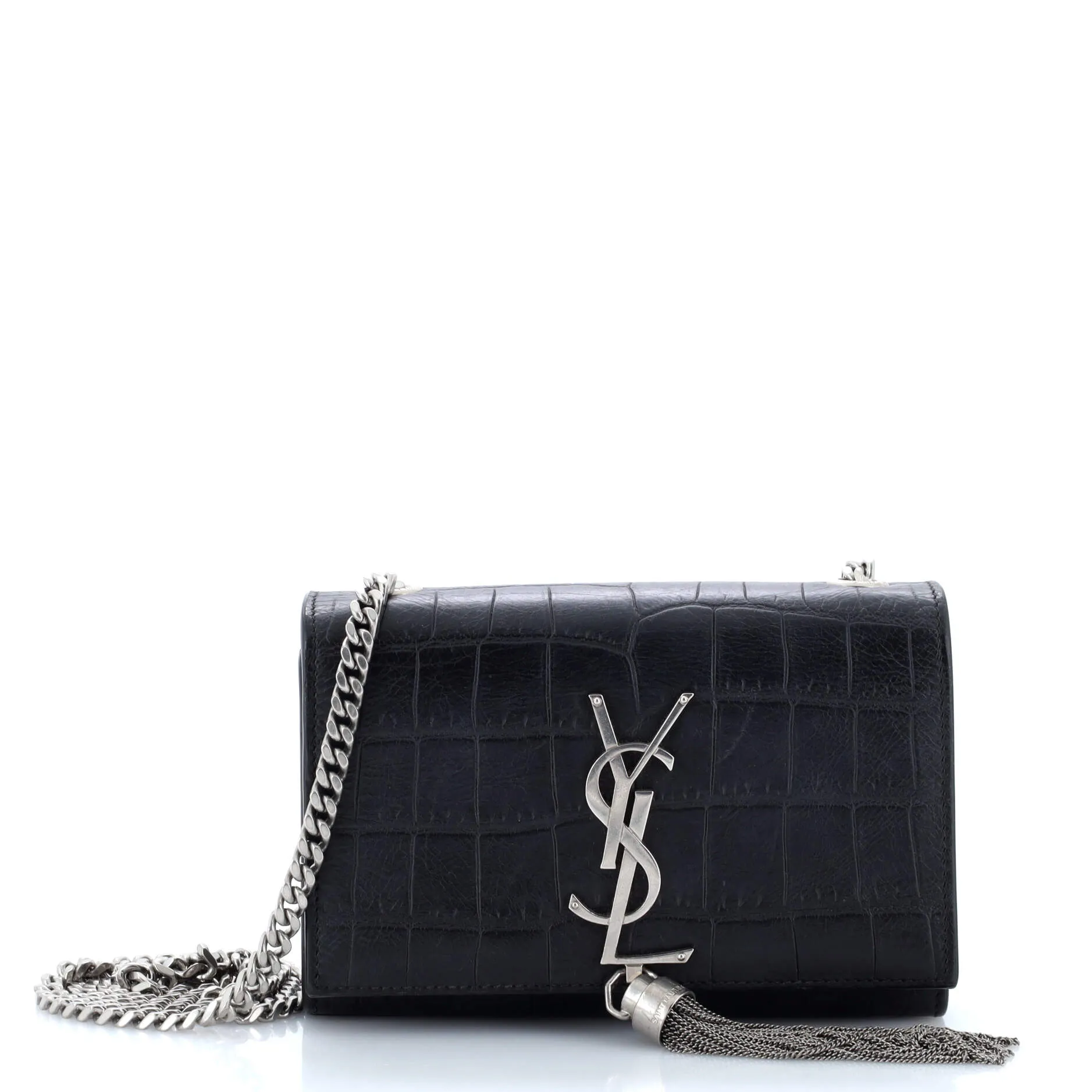 Pre-Loved Saint Laurent Classic Monogram Tassel Crossbody Bag Crocodile Embossed Leather Small sold by Zulily