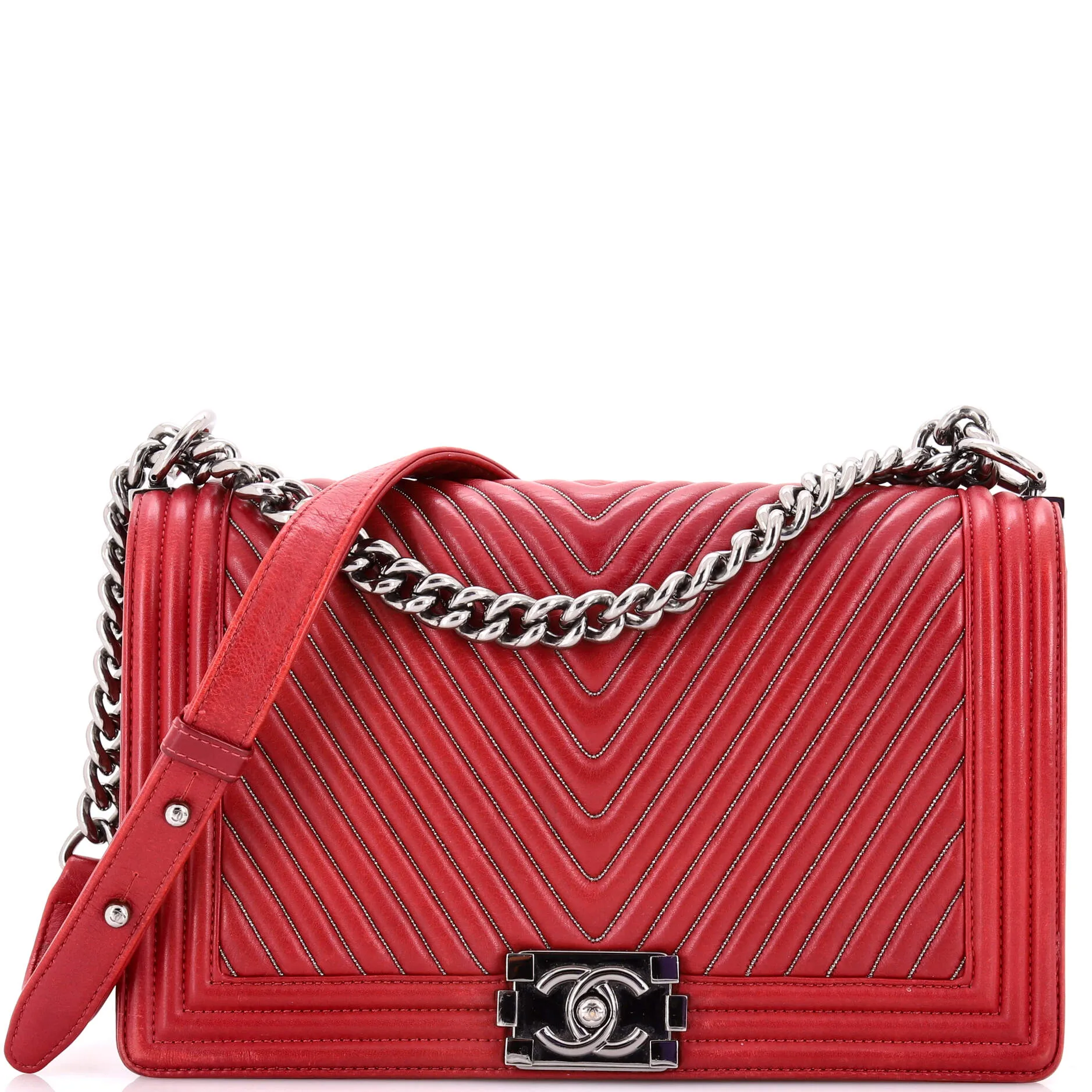 Pre-Loved Chanel Boy Flap Bag Chevron Calfskin with Micro Chain Detail Old Medium sold by Zulily