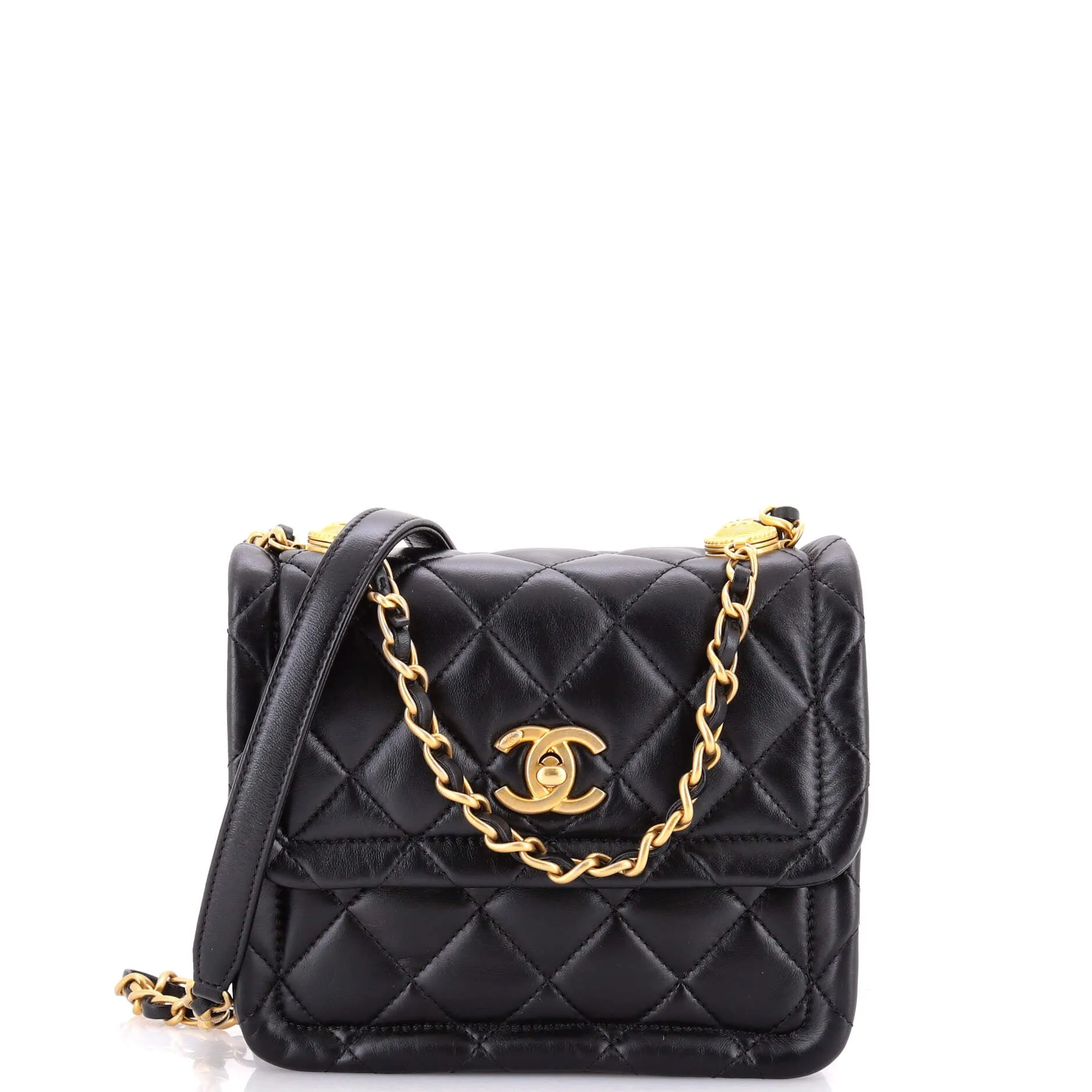 Pre-Loved Chanel Button on Top Flap Bag Quilted Shiny Lambskin Small sold by Zulily