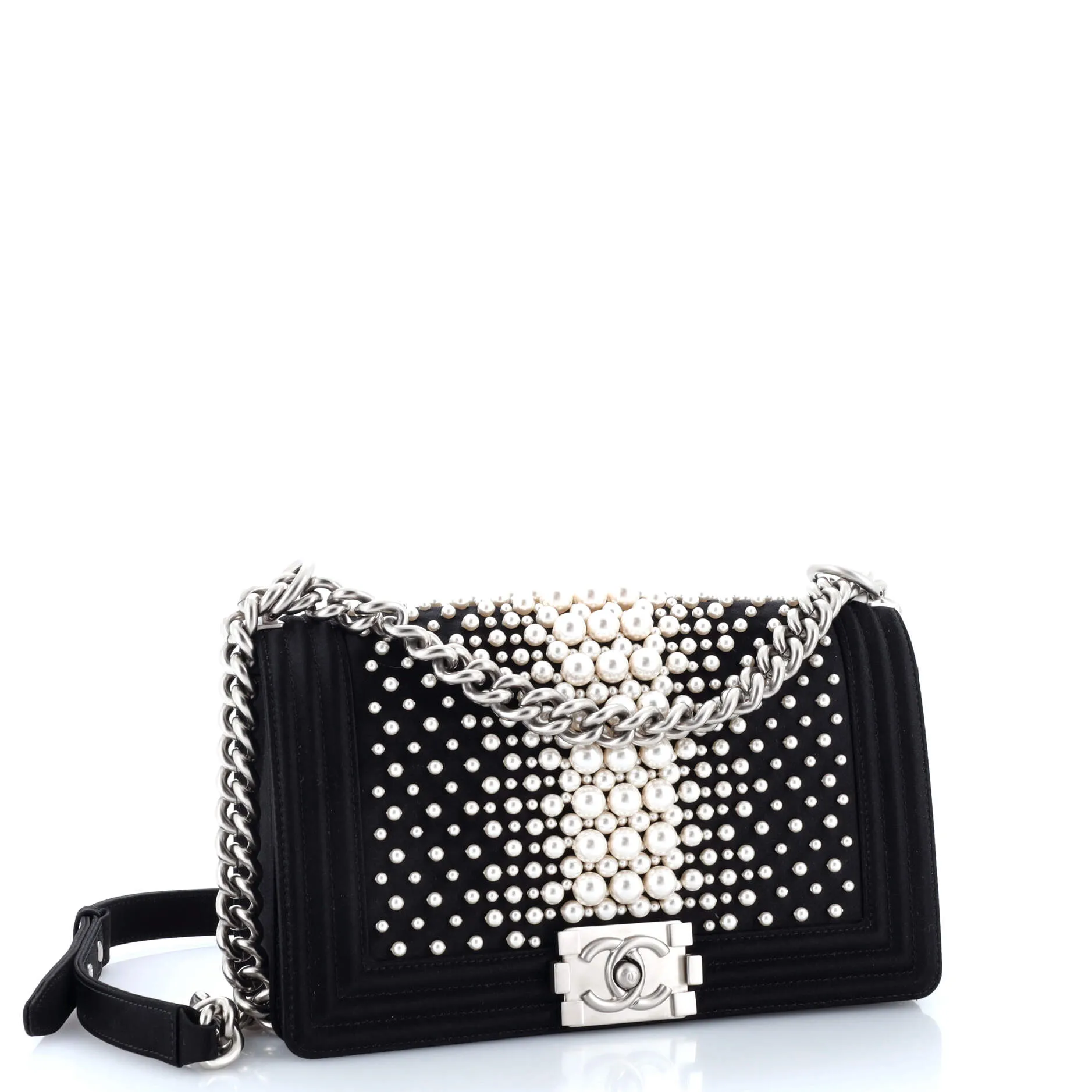 Pre-Loved Chanel Boy Flap Bag Pearl Embellished Satin Old Medium sold by Zulily product image thumbnail 3
