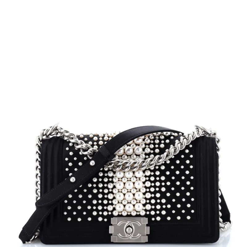 Pre-Loved Chanel Boy Flap Bag Pearl Embellished Satin Old Medium sold by Zulily