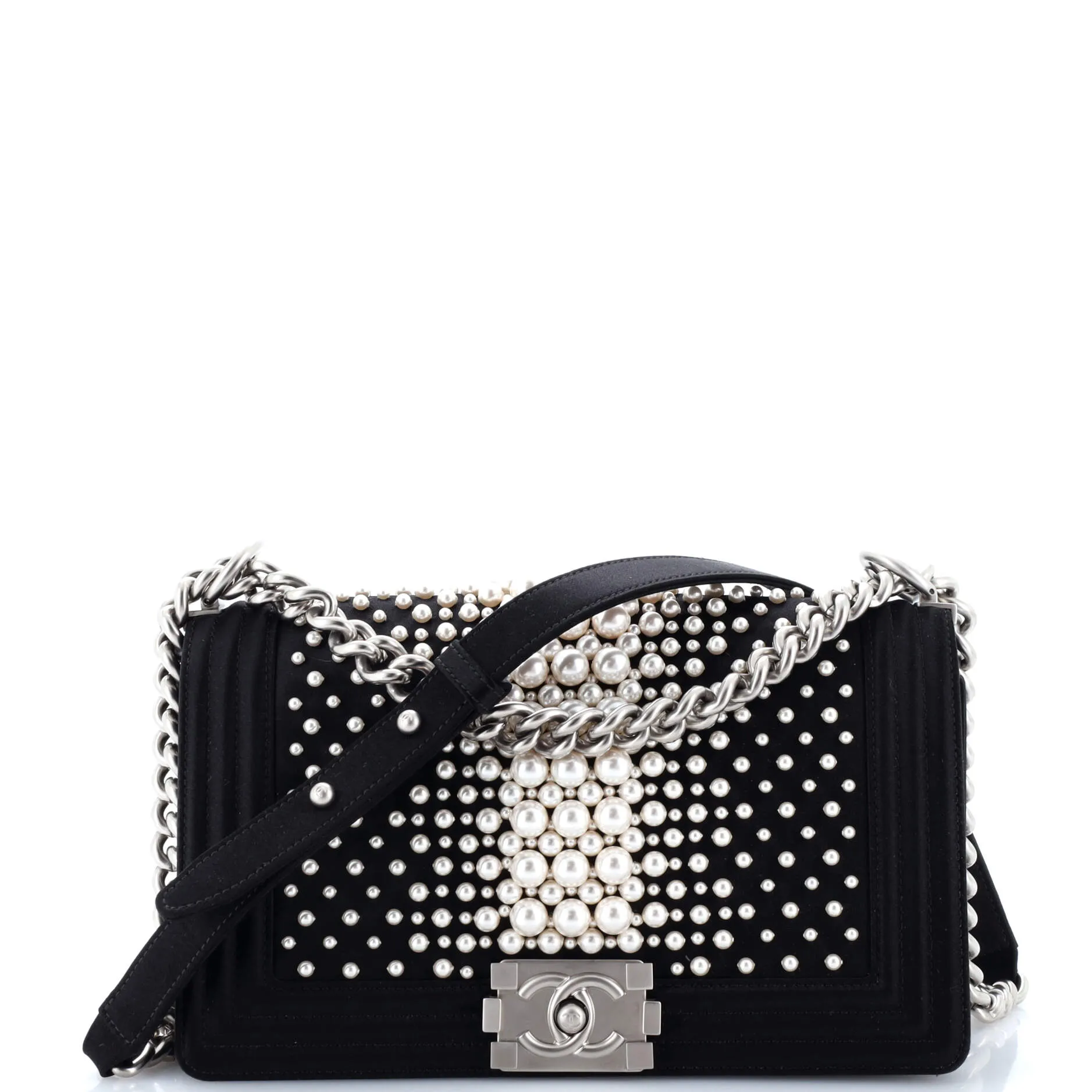 Pre-Loved Chanel Boy Flap Bag Pearl Embellished Satin Old Medium sold by Zulily