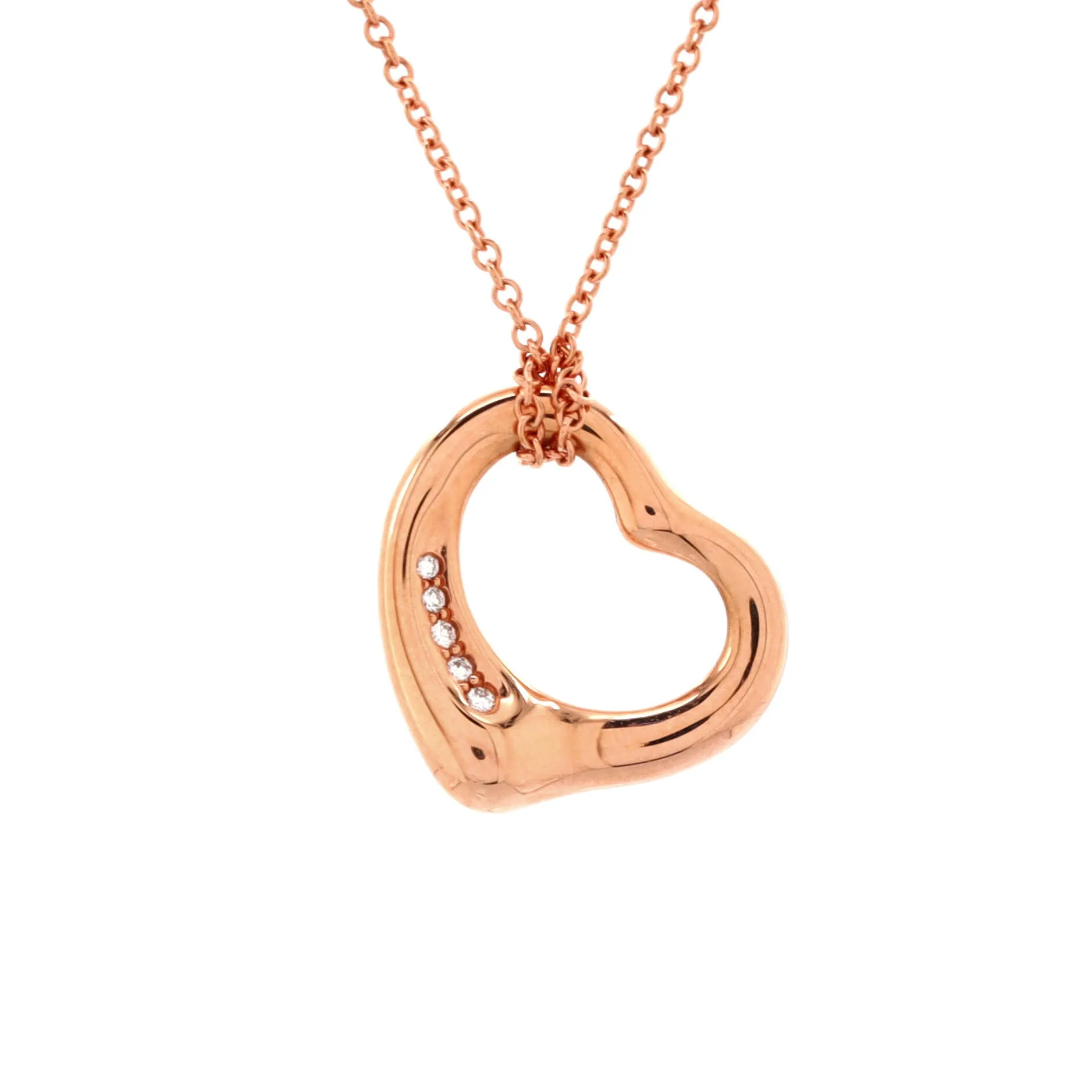 Pre-Loved Tiffany Elsa Peretti Open Heart 5 Diamonds Pendant Necklace 18K Rose Gold with Diamonds sold by Zulily