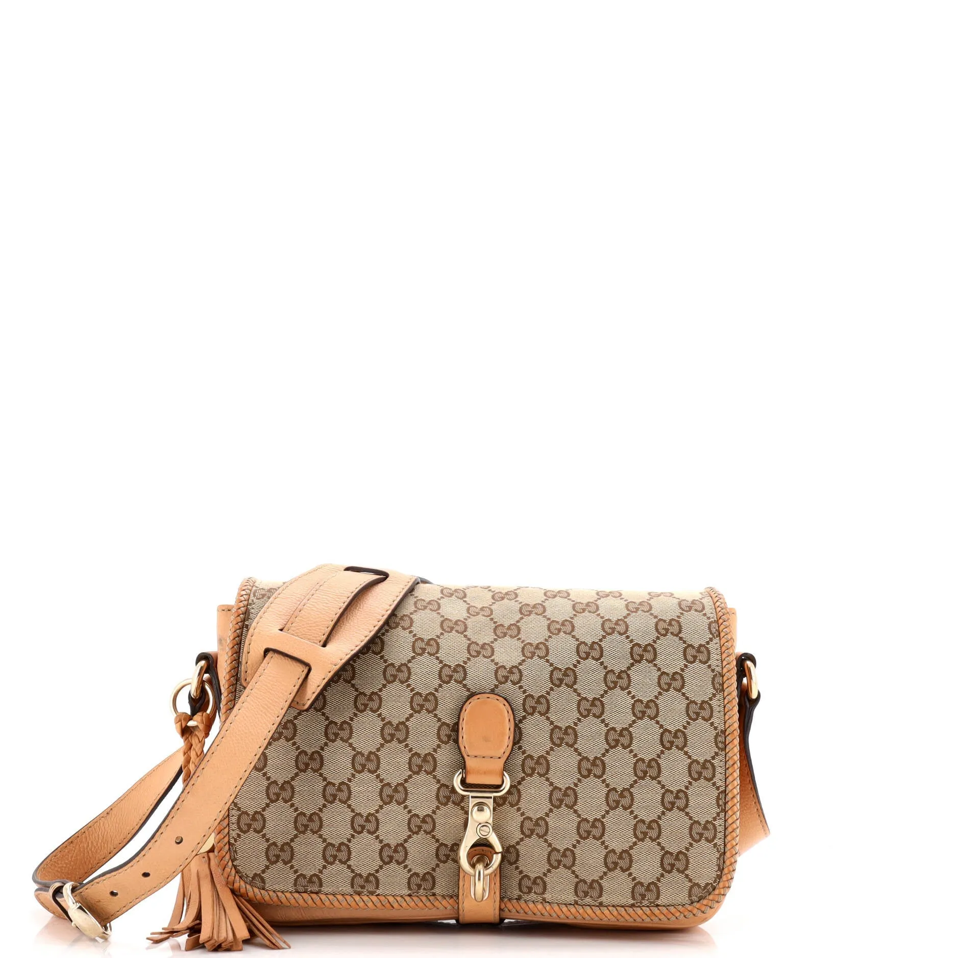 Pre-Loved Gucci Marrakech Messenger Bag GG Canvas with Leather Medium sold by Zulily