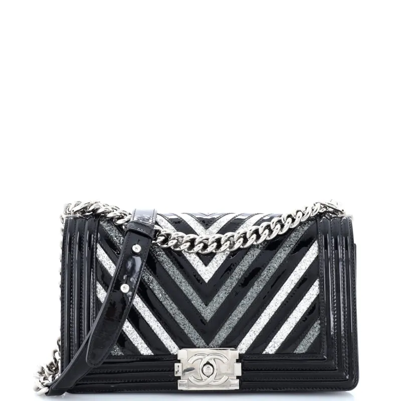 Pre-Loved Chanel Boy Flap Bag Chevron Patent with Glitter PVC Old Medium sold by Zulily