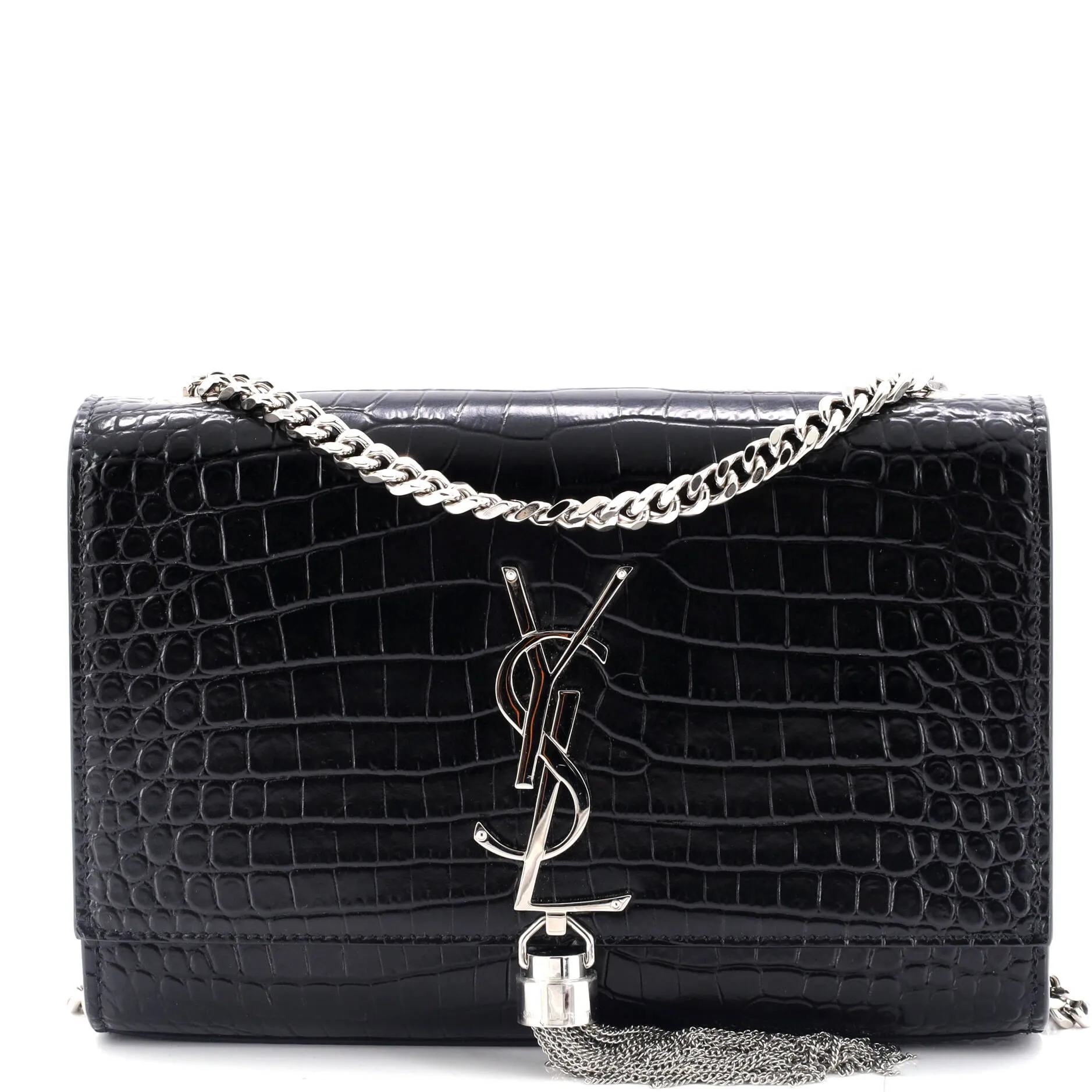 Pre-Loved Saint Laurent Classic Monogram Tassel Crossbody Bag Crocodile Embossed Leather Small sold by Zulily