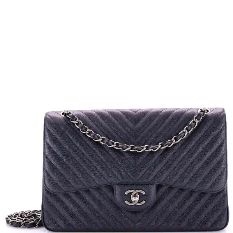 Pre-Loved Chanel Classic Double Flap Bag Chevron Iridescent Caviar Jumbo sold by Zulily
