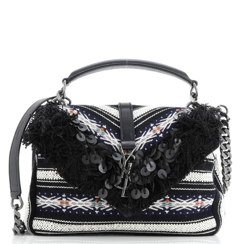 Pre-Loved Saint Laurent Classic Monogram College Bag Canvas with Embellished Fringe Medium sold by Zulily
