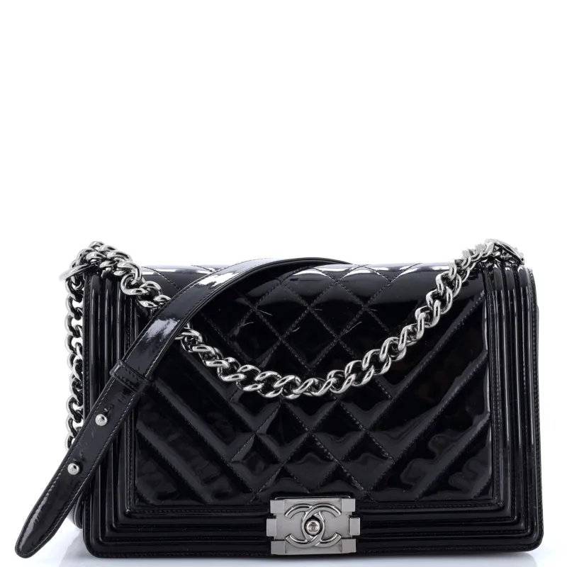 Pre-Loved Chanel Boy Flap Bag Chevron Patent New Medium sold by Zulily