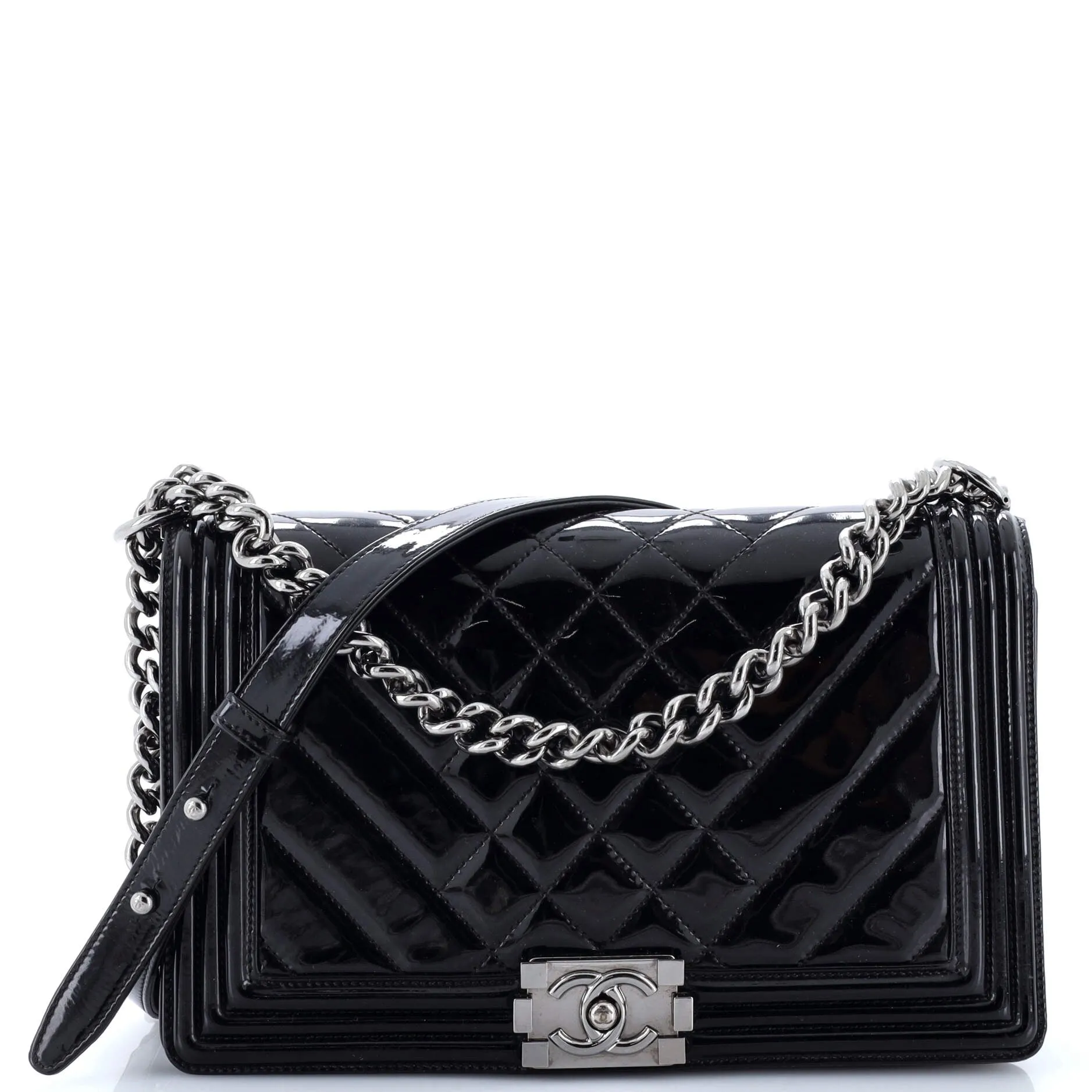 Pre-Loved Chanel Boy Flap Bag Chevron Patent New Medium sold by Zulily