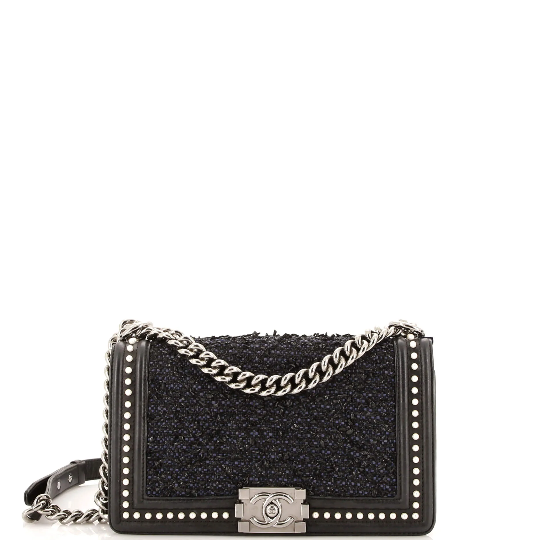 Pre-Loved Chanel Boy Flap Bag Quilted Tweed with Pearl Embellished Calfskin Old Medium sold by Zulily