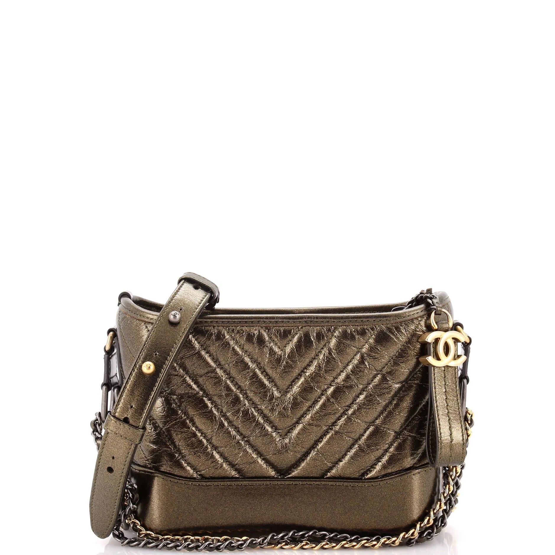 Pre-Loved Chanel Gabrielle Hobo Chevron Metallic Aged Calfskin Small sold by Zulily