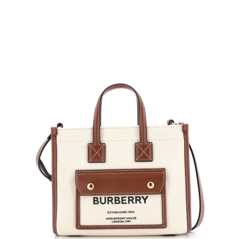 Pre-Loved Burberry Freya Shopping Tote Canvas with Leather Mini sold by Zulily