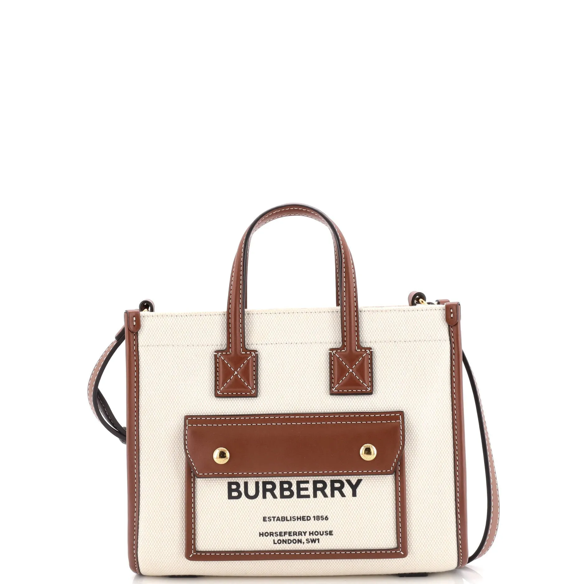 Pre-Loved Burberry Freya Shopping Tote Canvas with Leather Mini sold by Zulily