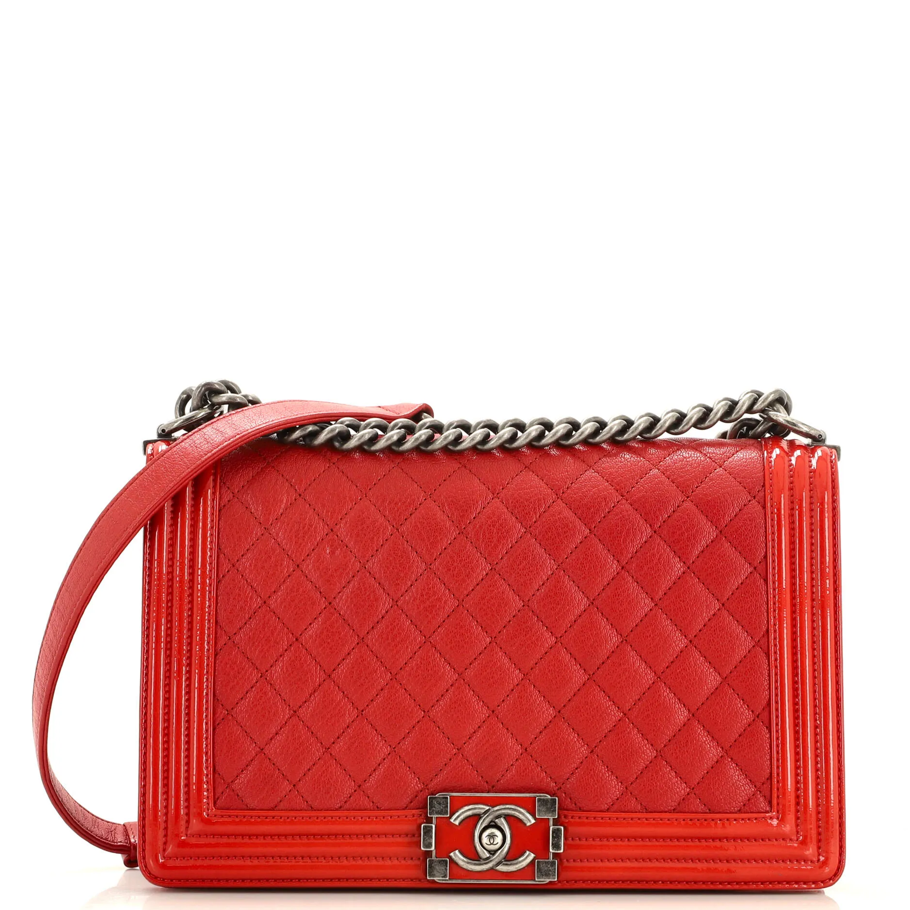 Pre-Loved Chanel Boy Flap Bag Quilted Goatskin with Patent New Medium sold by Zulily