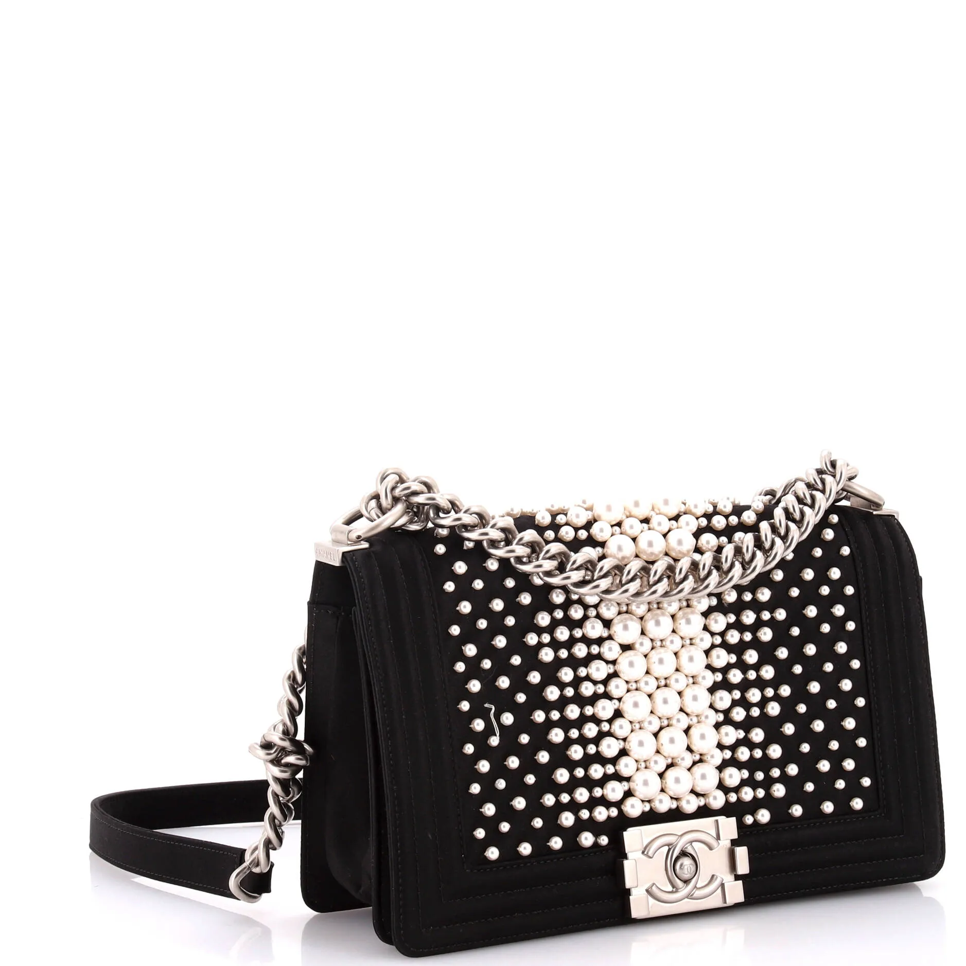 Pre-Loved Chanel Boy Flap Bag Pearl Embellished Satin Old Medium sold by Zulily product image thumbnail 2