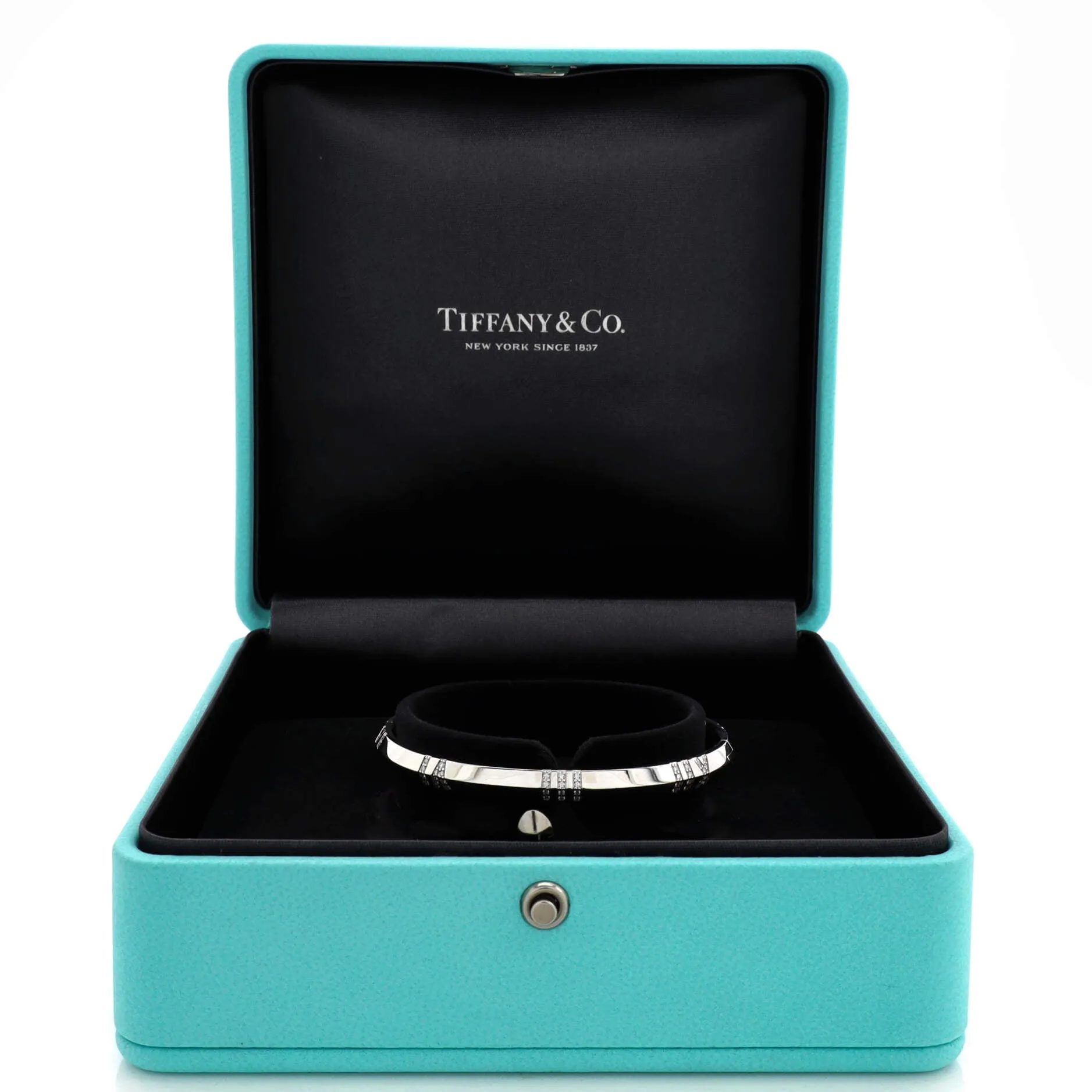 Pre-Loved Tiffany Atlas X Closed Hinged Bangle Bracelet 18K White Gold with Diamonds Narrow sold by Zulily product image thumbnail 2