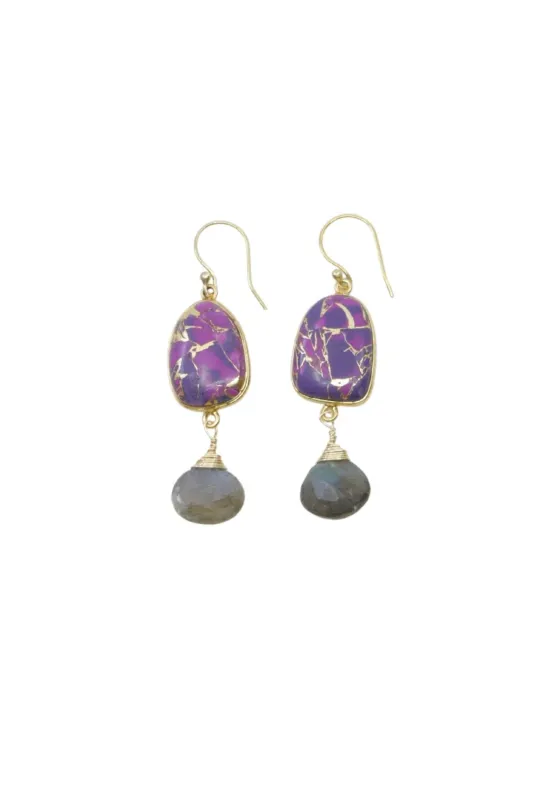 Victoria Earrings in Purple Turquoise Mojave and Labradorite in Gold sold by Zulily