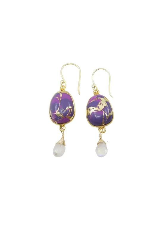 Victoria Earrings in Purple Turquoise Mojave and Moonstone in Gold sold by Zulily
