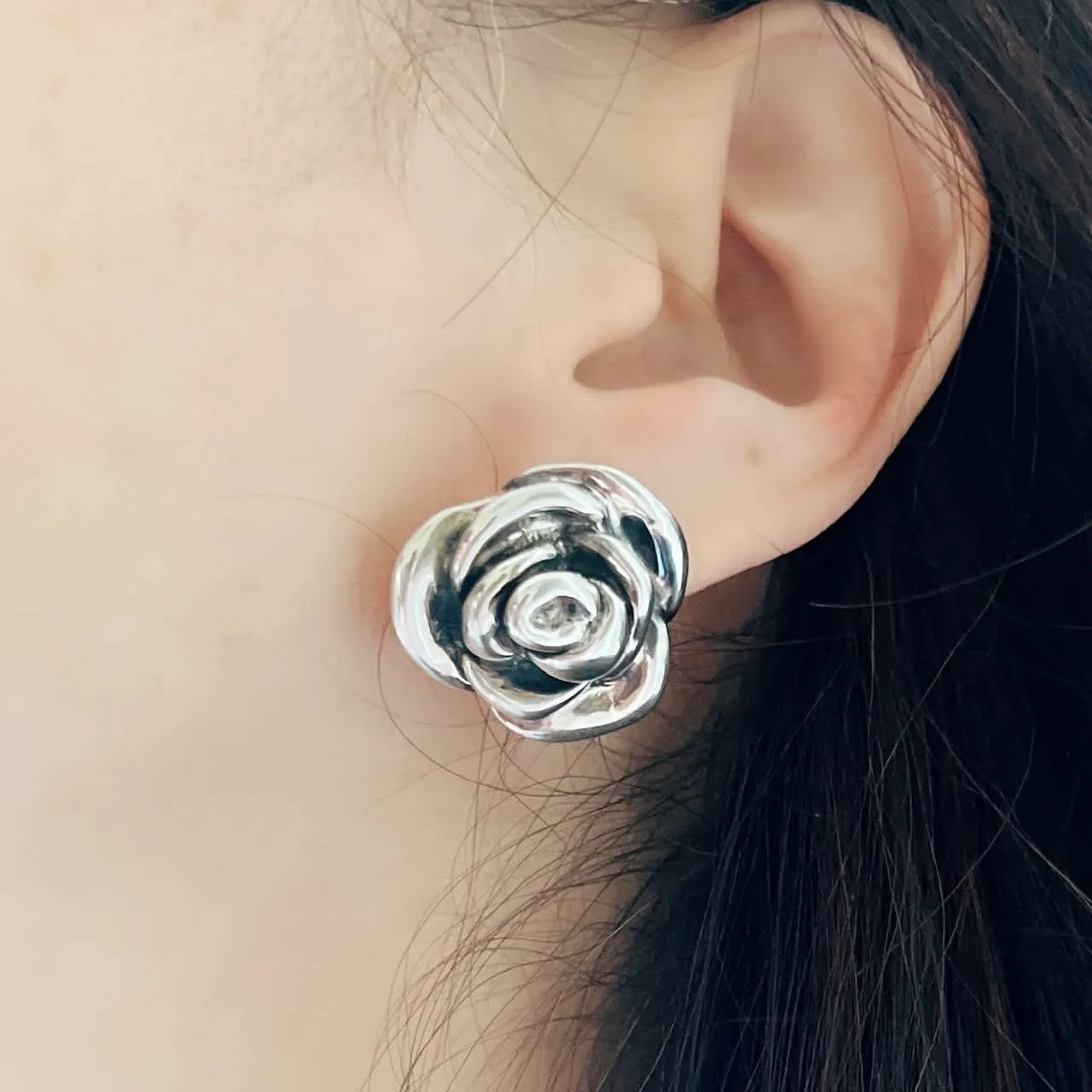 Vera & Co Sterling Silver Oxidized Big Rose Flower Button Women's Earring sold by Zulily product image thumbnail 2
