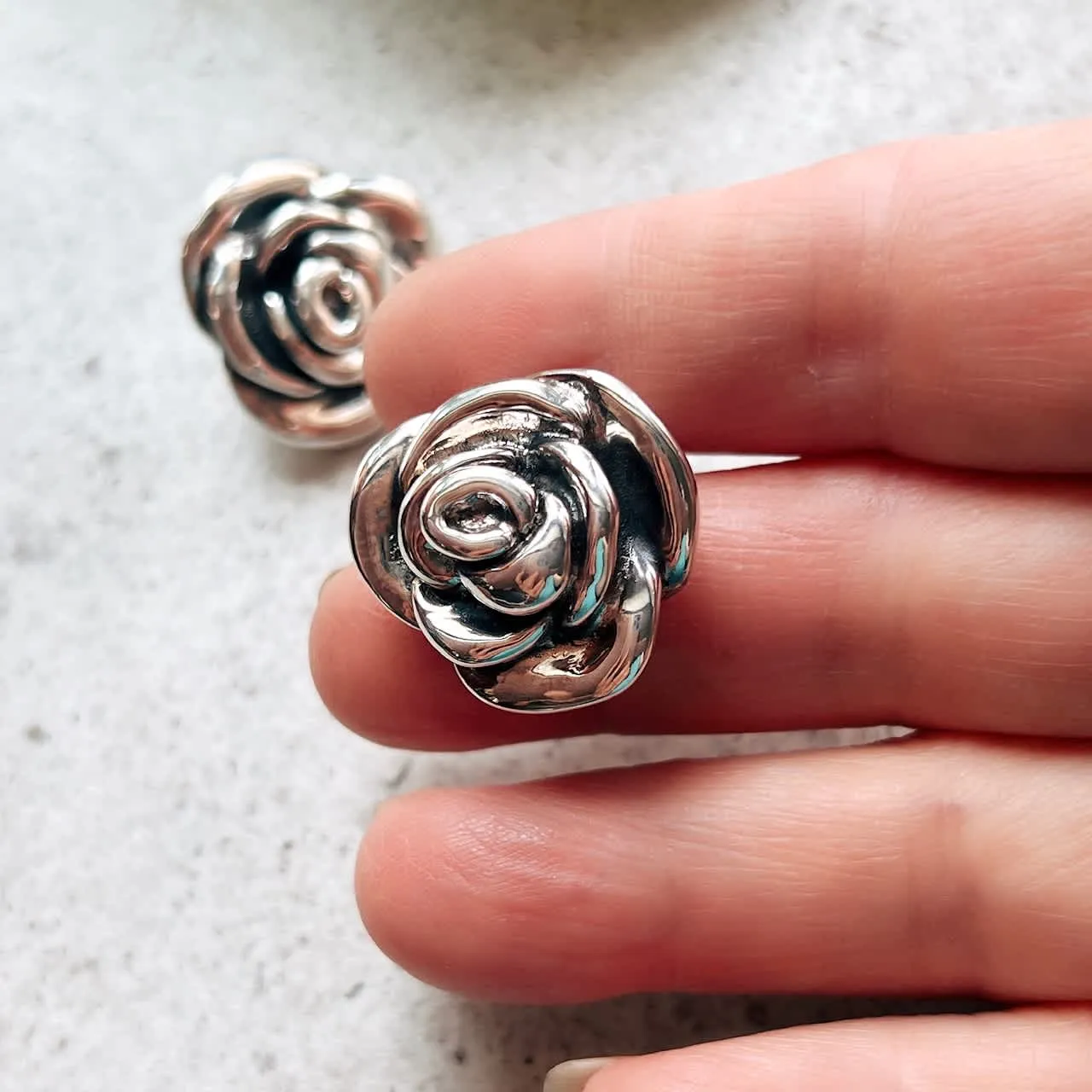 Vera & Co Sterling Silver Oxidized Big Rose Flower Button Women's Earring sold by Zulily product image thumbnail 3