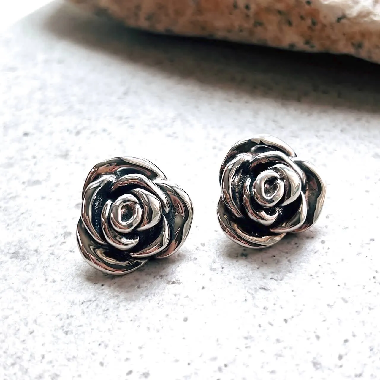Vera & Co Sterling Silver Oxidized Big Rose Flower Button Women's Earring sold by Zulily