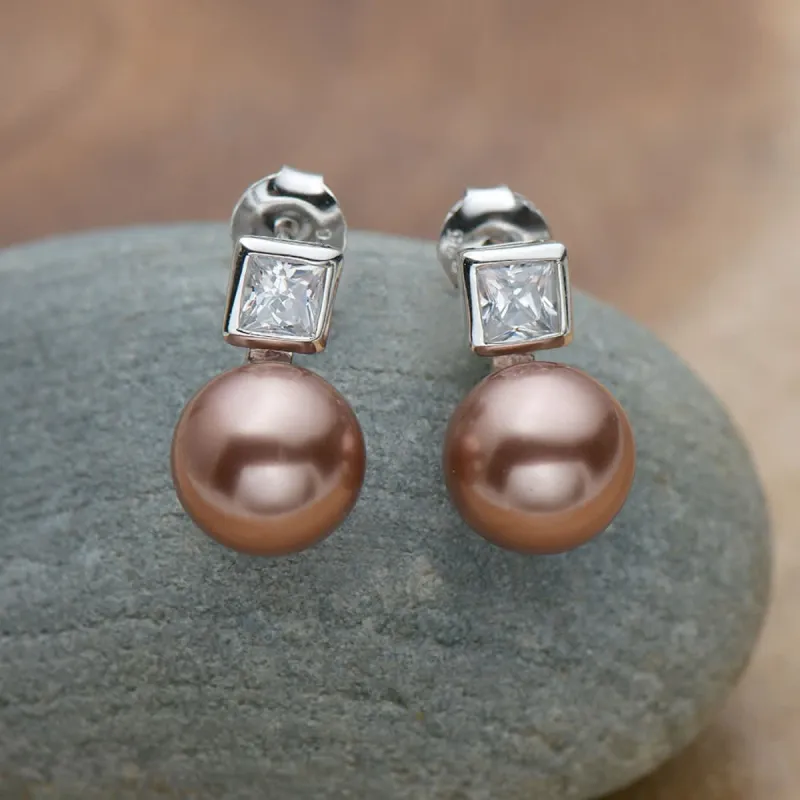 Vera & Co Women's Sterling Silver Brown Faux Pearl and CZ Post Earring sold by Zulily