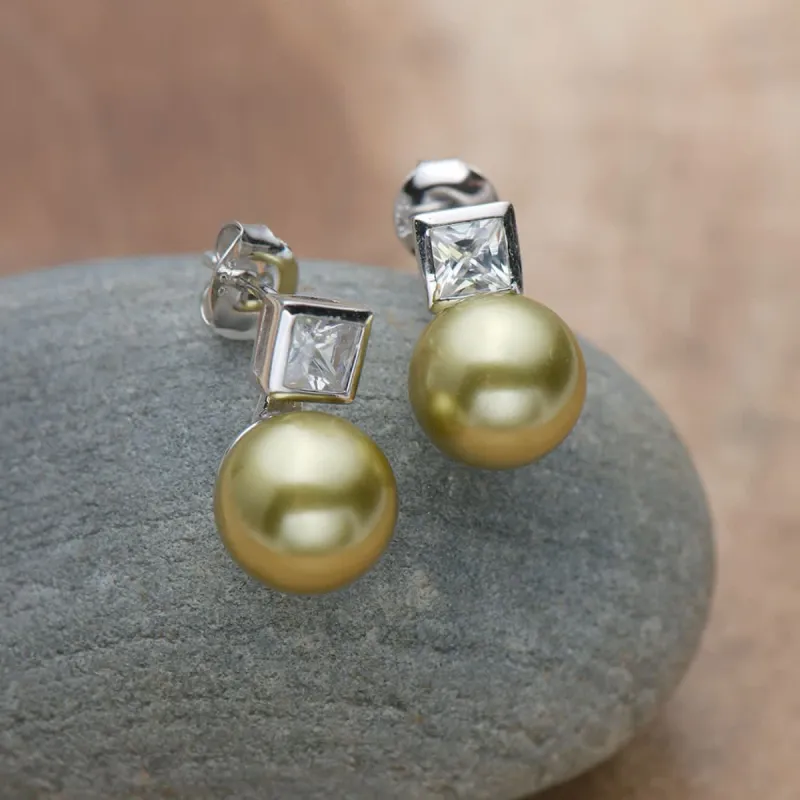 Vera & Co Women's Sterling Silver Green Faux Pearl and CZ Post Earring sold by Zulily