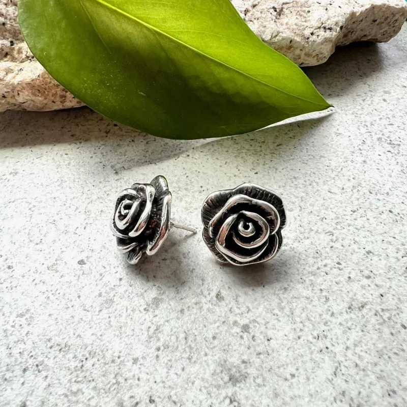 Vera & Co Women's Sterling Silver Medium Size Rose Flower with Line Texture Button Earring sold by Zulily