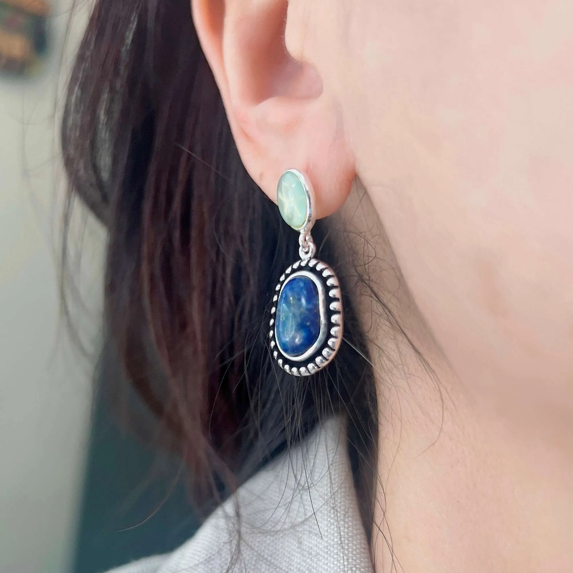 Vera & Co Sterling Silver Oval Blue Agate with Free Shape Blue Lapis Drop Women's Earring sold by Zulily product image thumbnail 2