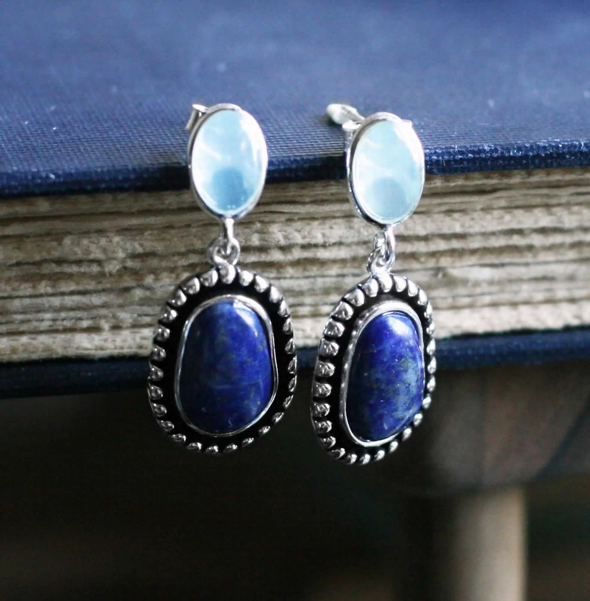 Vera & Co Sterling Silver Oval Blue Agate with Free Shape Blue Lapis Drop Women's Earring sold by Zulily