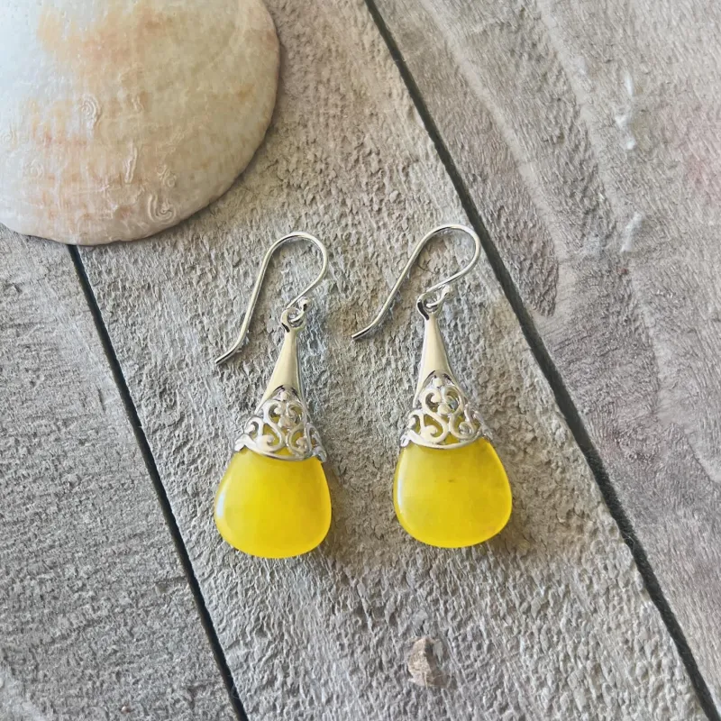 Vera & Co Sterling Silver Triangle Yellow Jade Filigree Cap Women's Earring sold by Zulily