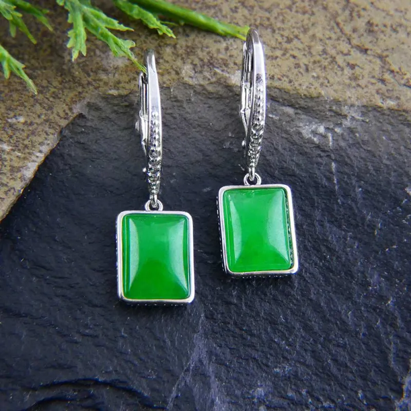 Vera & Co Sterling Silver Small Rectangular Green Jadeite Dangle Women's Earring with CZ Leverback sold by Zulily
