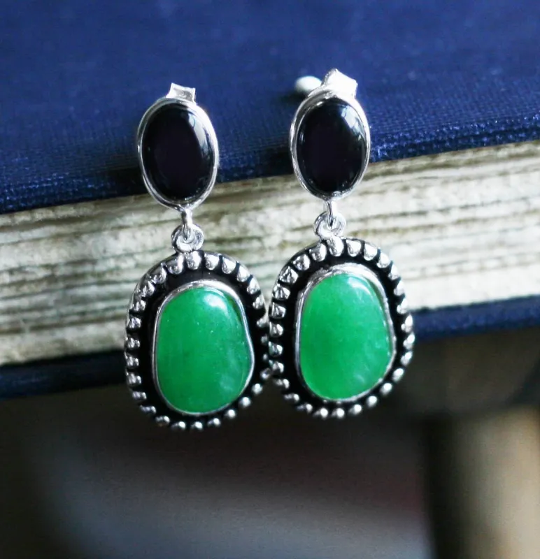 Vera & Co Sterling Silver Oval Onyx with Free Shape Green Jade Drop Women's Earring sold by Zulily