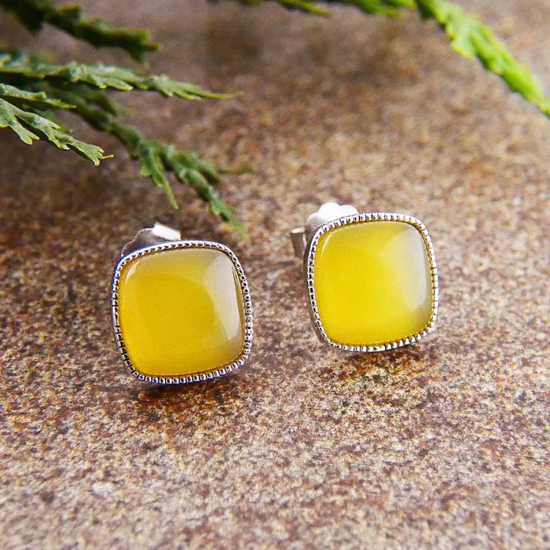 Vera & Co Sterling Silver Cushion Yellow Jade Stud Women's Earring sold by Zulily