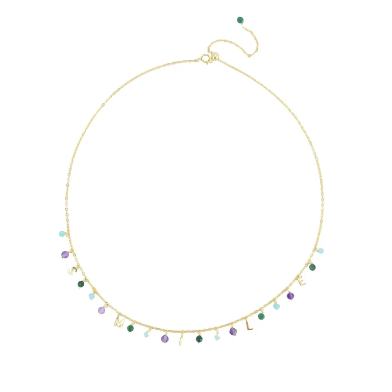 Gold Over Sterling Silver Natural Amazonite, Jade and Amethyst Smile Necklace with 18" sold by Zulily