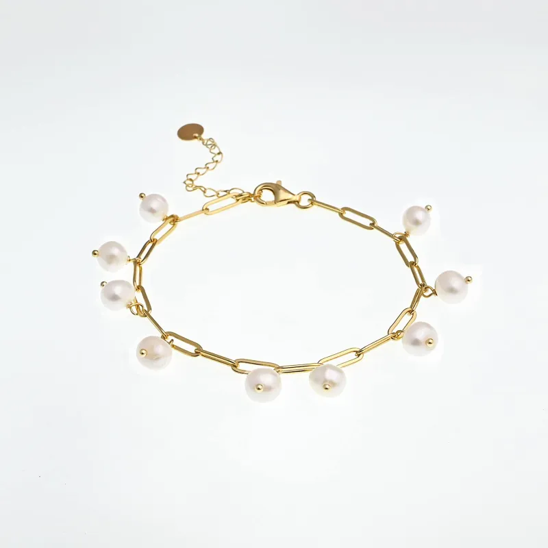 Freshwater Pearl 18k Gold Plated Sterling Silver Charm Station Bracelet sold by Zulily