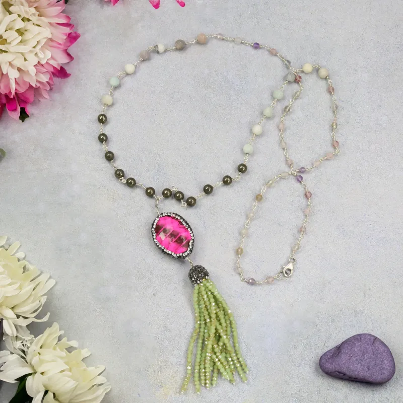 MGR Women's Multi-Gemstone Beaded Necklace with Hot Pink Oval Pendant & Seed Bead Tassel sold by Zulily