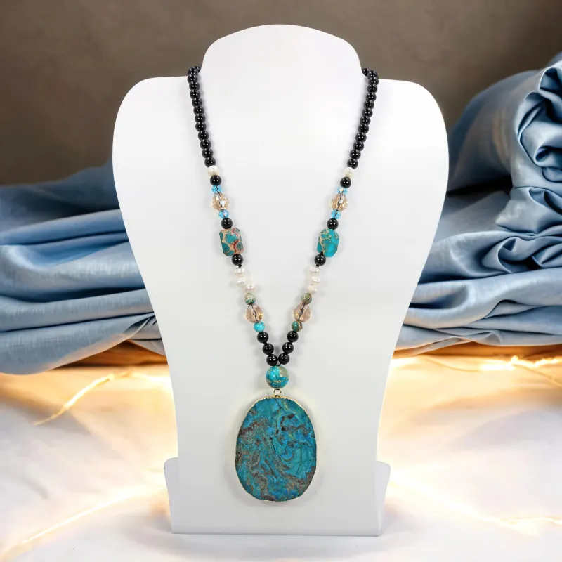 MGR Women's MGR Women's Long Necklace with Black Onyx, Imperial Jasper, Cultured Pearls & Crystals Featuring an Ocean Jasper Pendant sold by Zulily