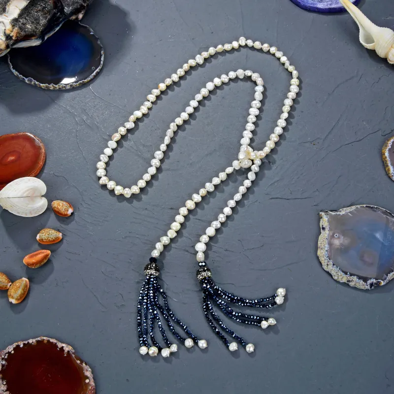 MGR Women's Cultured Pearl Lariat Necklace with Black Crystal & Pearl Tassels sold by Zulily