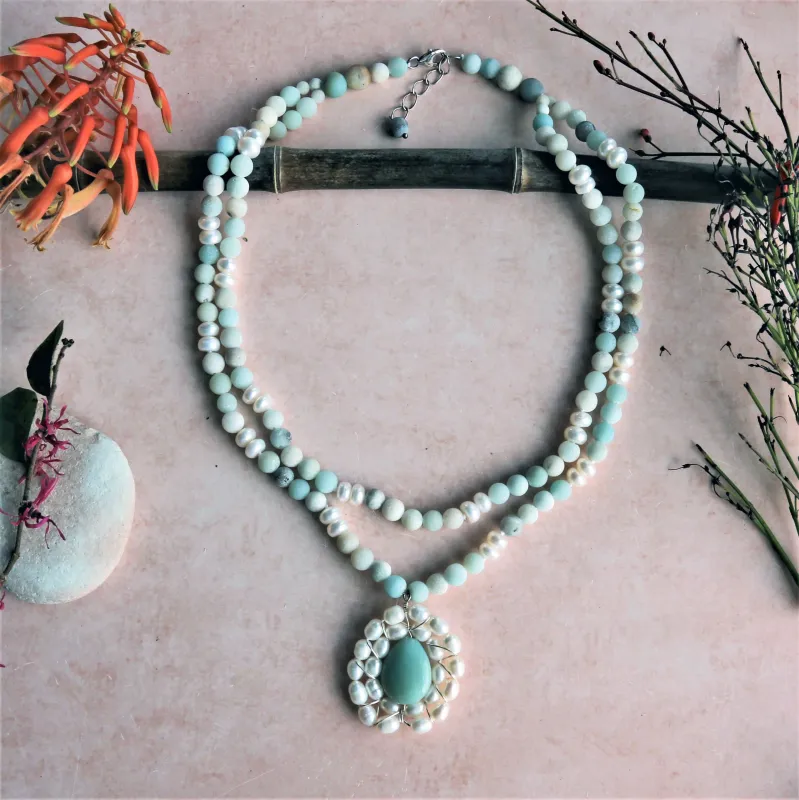 MGR Women's Amazonite & Pearls Double Strand Necklace With a Hand Beaded Wire Wrapped Circle Drop Pendant sold by Zulily