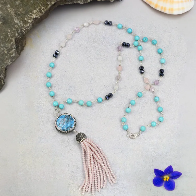 MGR Women's Beaded Necklace with Blue Statement Pendant & Pink Seed Bead Tassel sold by Zulily